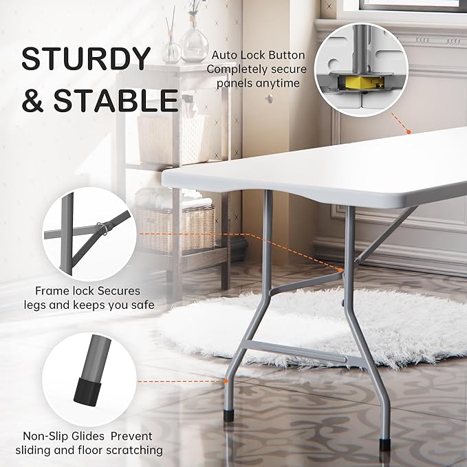 VSOAEIL Folding Table 6 Foot for Indoor Outdoor, Portable Heavy Duty Fold-in-Half Utility Plastic Foldable Dining Table with Carrying Handle for Picnic, Camping and Party, White