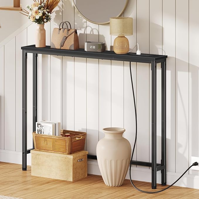 HOOBRO 39.4 Inch Narrow Console Table with Power Outlets, 5.9 Inch Sofa Table with Storage, Skinny Behind Couch Table, for Entryway Hallway, Small Spaces, Black BB52UXG01G1