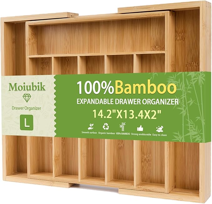 Bamboo Expandable Silverware Drawer Organizer, Adjustable Utensil Tray Cutlery Holder for Kitchen Drawer, Flatware Storage Organizer for Spoons, Forks and Knives, Natural 8 Slot