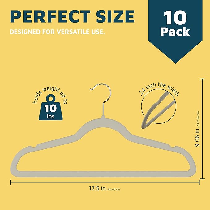 Lifemaster Velvet Clothes Hangers – With 360 Degree Swivel Hook and Non-Slip Shoulder Notch, Holds Up To 10 lbs, Heavy Duty Hanger Set, For Organizing Suit, Dress, Coat, and Clothes, Pack of 10, Ivory