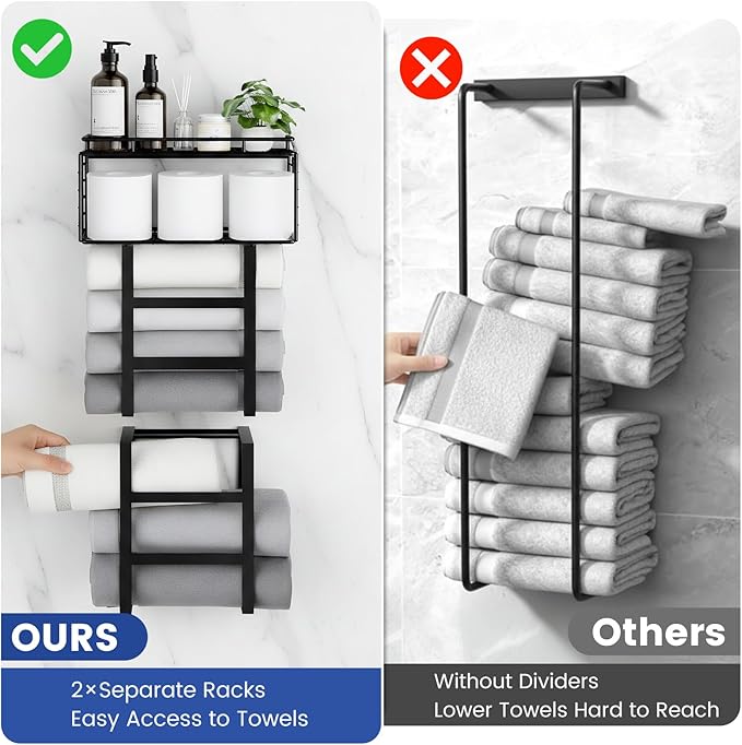Vatex Towel Racks for Bathroom Wall Mounted, 4-Tier Bathroom Towel Rack with Shelf and Basket, Hold 6 Large Rolled Towels, 32-Inch Heavy Duty Towel Storage for Bathroom, RV, Black