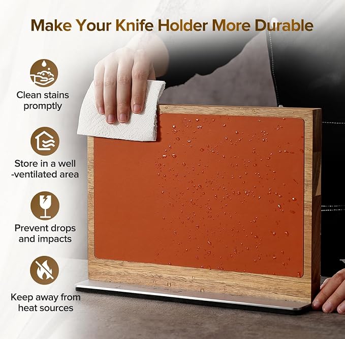 XINZUO Double Sided Magnetic Knife Rack (12.6 X 4 X 9.3inches)-Natural Acacia Wood Stand With Dual-Tone Leather Upholstery,Raw And Cooked Knife Storage Zones，430 Stainless Steel Base