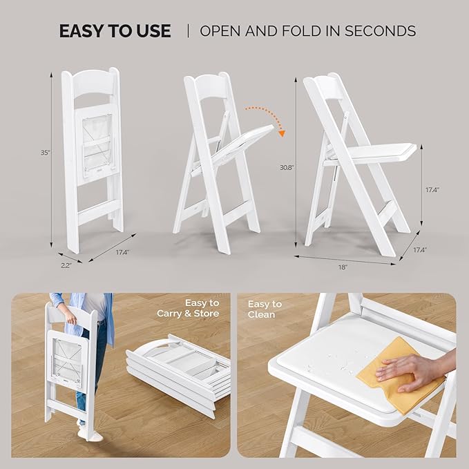 VINGLI Resin Folding Chairs with Cushion, Foldable Plastic Chair with Comfortable Padded Seats, Perfect for Event Party Indoor Outdoor, White, 4 PC