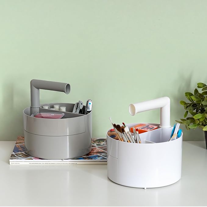 IRIS USA 2-Pack Desk Caddy Organizer |Made in USA| with Built-In Handle & 6 Storage Compartments for Markers, Pens, Arts & Crafts - White