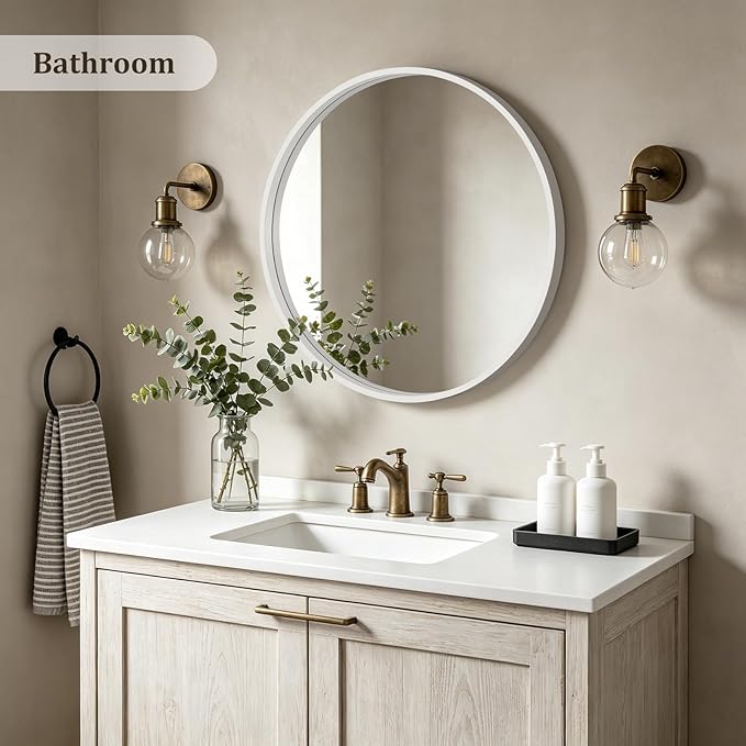 HOMECOOKIN Round Wood Mirror 24 inch Circle Mirror, Rustic Farmhouse Wooden Framed Decorative Wall Decor, Vanity Wall Mirror for Bathroom, Bedroom, Entryway, Living Room (White)
