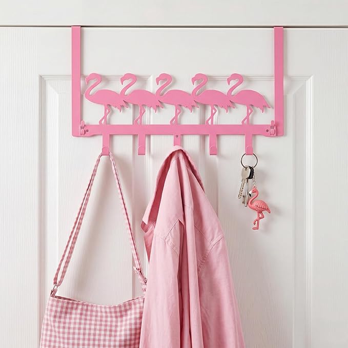 AceOrbit Pink Flamingos Over the Door Hooks Hanger Wall Mount Towel Hanger Door Holder Organizer 5 Hooks Farmhouse Rustic Kawaii Decor for Bedroom Bathroom Towel Hat Clothes