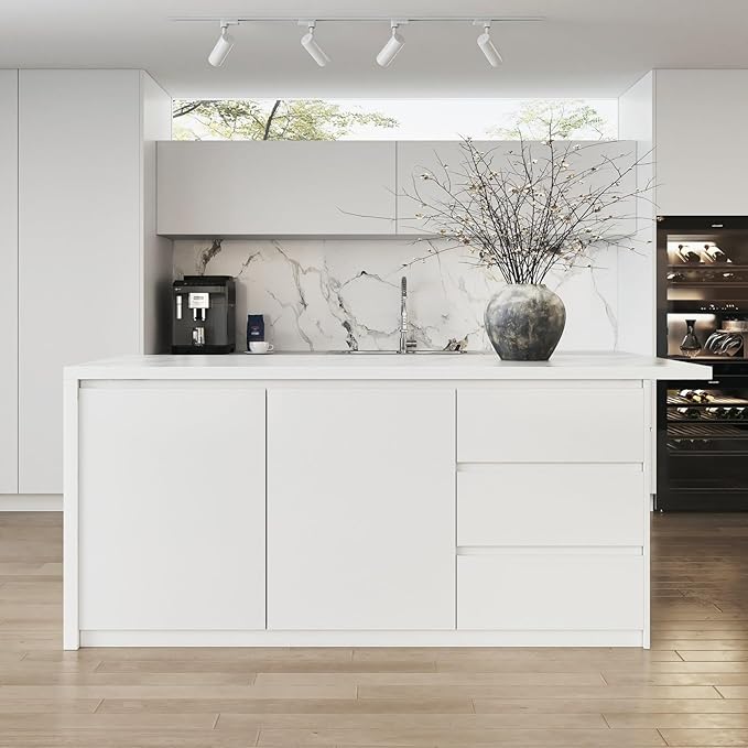 homary Kitchen Island with Storage & Wine Rack, 72" Modern White Kitchen Cabinet with Wood Top, Large Fixed Island with 3 Drawers & 6 Adjustable Shelves, Without Bar Stools