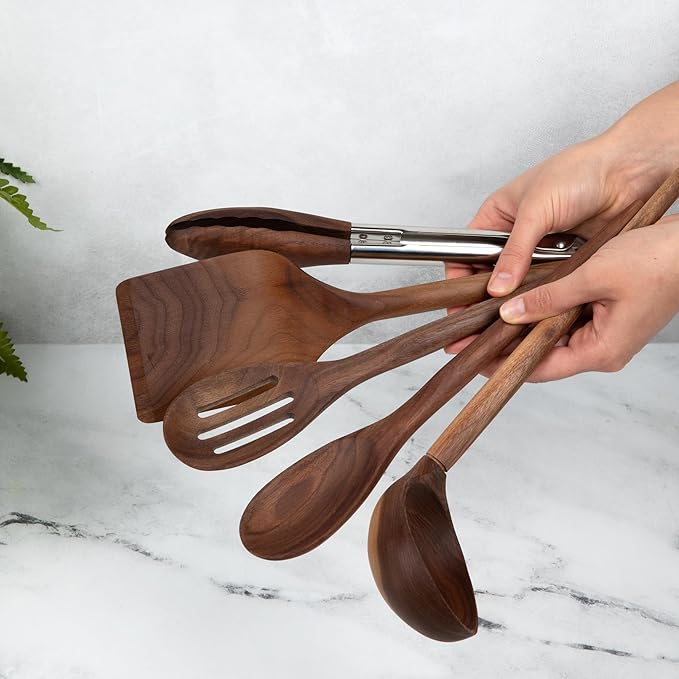 Salt & York 5-Piece Walnut Kitchen Utensil Set with Turner, Tongs, Slotted Spoon, Ladle and 12" Spoon, Farmhouse Style Kitchen & Cookware, Ideal for Entertaining, Wedding and Housewarming Gift