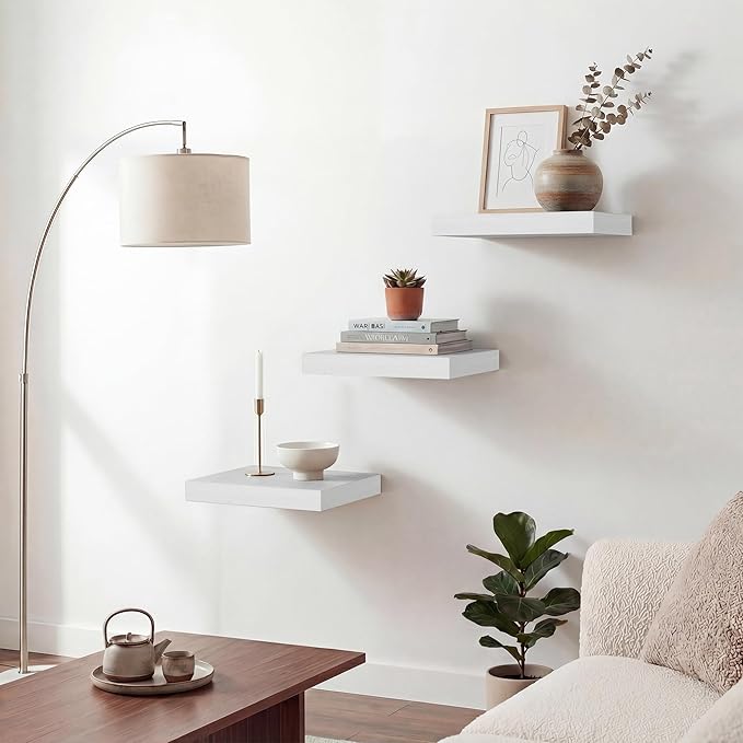 Acovy Floating Shelves for Wall 9 Inch,9.3" Deep Square Floating Shelf Set of 3,Wall Shelves Hanging Shelf with Invisible Brackets,Wall Mounted Shelf for Kitchen Living Room Bedroom Bathroom,White