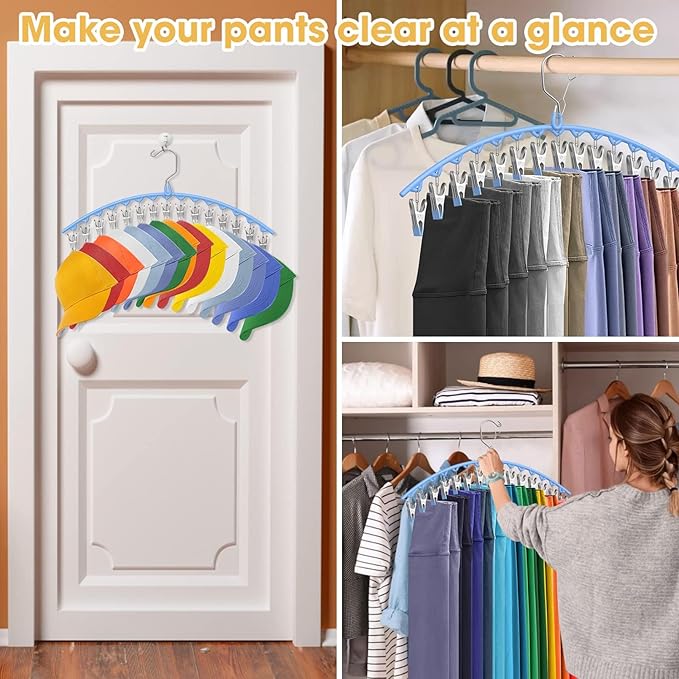 Upgrade Skirt Pants Hangers with Clips, Metal Legging Organizer for Closet with 15 Cilps Holds 60 Leggings/Shorts/Jeans/Skirts Pants Hangers Space Saving Closet Organizers and Storage, Blue 4Pack