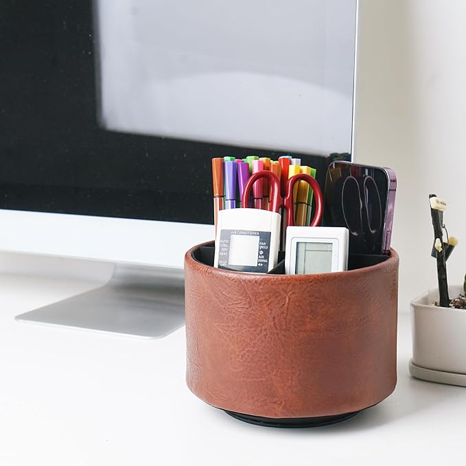 Round Leather Art Supply Organizer,Remote Control Holder,360 Degree Spinning,Multi-Functional Pencil Holder,4 Compartments Desktop Stationary Organizer(1-Crazy Red)