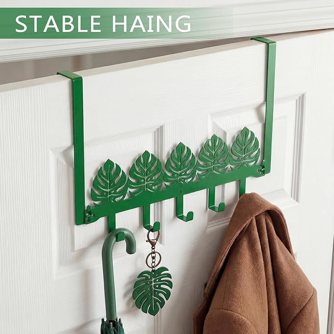 AceOrbit Green Monstera Leaf Over The Door Hooks Wall Mount & Door Tropical Palm Leaves Towel Hanger with 5 Hooks for Hanging Coat Key Clothes, Jungle Bedroom Bathroom Entryway Home Decor