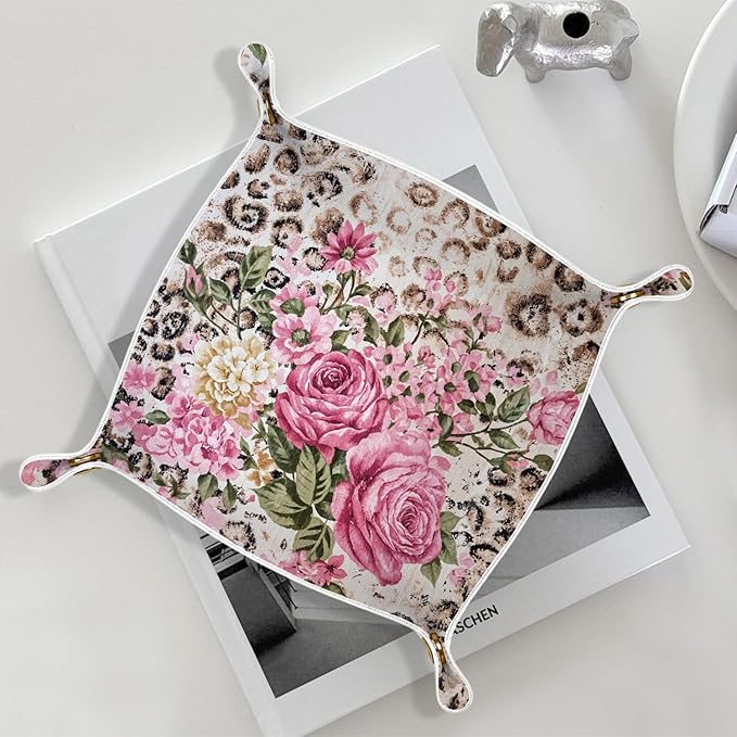 Leopard Print Gifts for Women Vintage Leopard Floral Jewelry Valet Tray, Cheetah Print Gifts PU Leather Catchall Beside Caddy Nightstand Organizer Tray for Rings Watches Keys, 7.87x7.87in