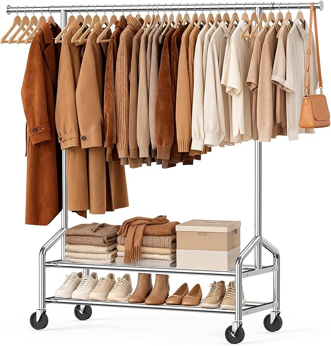 Heavy Duty Clothes Rack, Rolling Clothing Rack Load 650 LBS for Hanging Clothes with 2 Sturdy Shelves, Metal Garment Rack with Wheels for Bedroom, Laundry Room, Retail Store, Silver