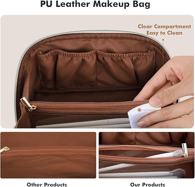 Prite Makeup Bag for Women Travel Waterproof Vegan Leather Cosmetic Bag Open Flat Toiletry Bag With Clear Divider and Handle (Dark Brown, Medium)