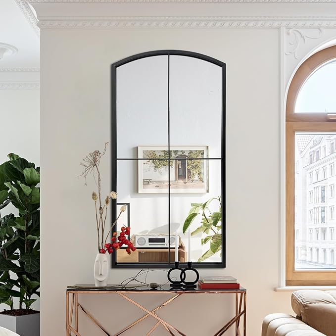WAMIRRO Full Length Window Mirror,Black Arched Floor Grid Wall Mounted Mirrors for Fireplace/Entryway/Hallway/Living Room 28"X53"