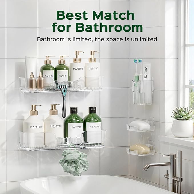 HAMITOR Adhesive Shower Caddy for Bathroom：5 Pack Clear Bath Shelves No Drilling for Modern Renters & Home Decor - Rustproof Acrylic Shower Organizer for Bathroom Storage