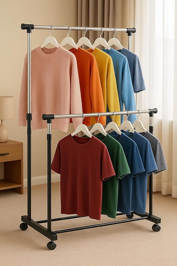 Heavy Duty Garment Rack with Sturdy Wheels | 450 lb Load Capacity | Adjustable Metal Clothing Anti-Slip Rack for Hanging Clothes, Lockable for Stability (Double Rod)
