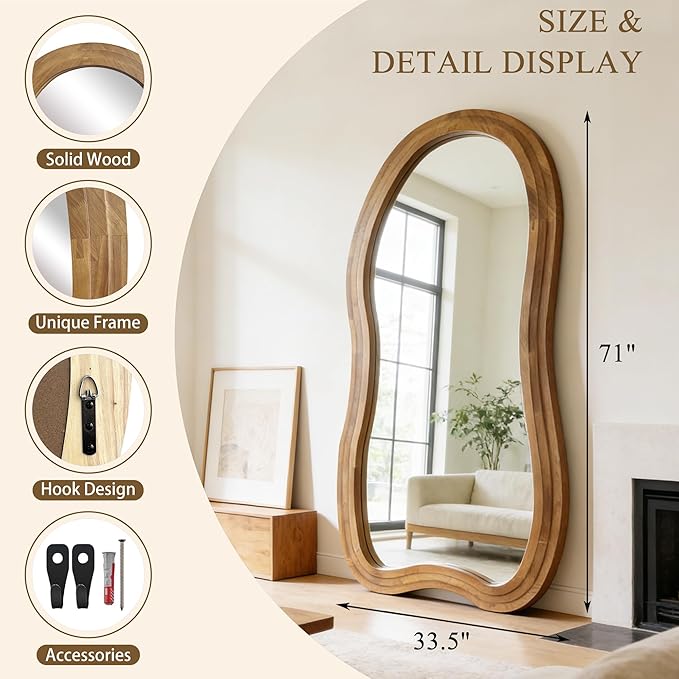 Irregular Full Length Mirror, 71"x33.5" Oversized Organic Floor Mirrors with Triple-Layer Solid Wood Frame, Asymmetrical Full Body Mirror for Living Room Entryway Hallway, Leaning/Hanging