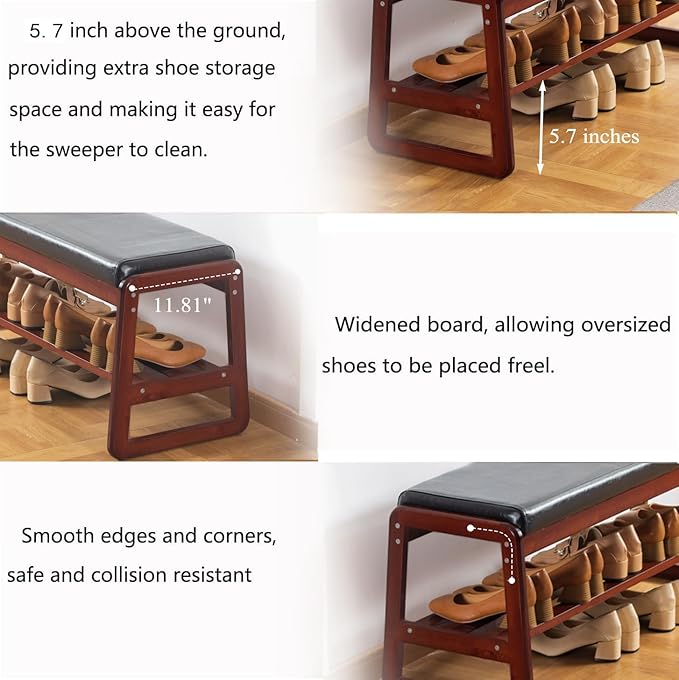 SOBIBO Solid Wood Shoe Bench, 2-Tier Wooden Entryway Bench, Modern Shoe Rack with Cushion for Hallway, Living Room (Black, 39.4'')