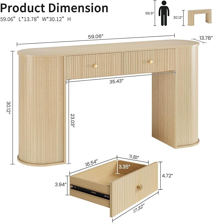59" Fluted Console Table with 2 Drawers - Wood Entryway Table with Storage, Long Modern Sofa Tables Behind Couch with Curved Leg for Living Room, Entry, Hallway, Entrance, Foyer, Oak Natural