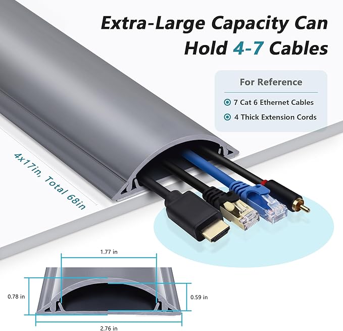 Cord Cover Floor 68in (4 x L17in), Large Capacity Floor Cable Cover, Hard PVC Cord Hider, Wire Cable Management Raceway, Grey, Cord Cavity - 1.8"(W) x 0.6"(H)