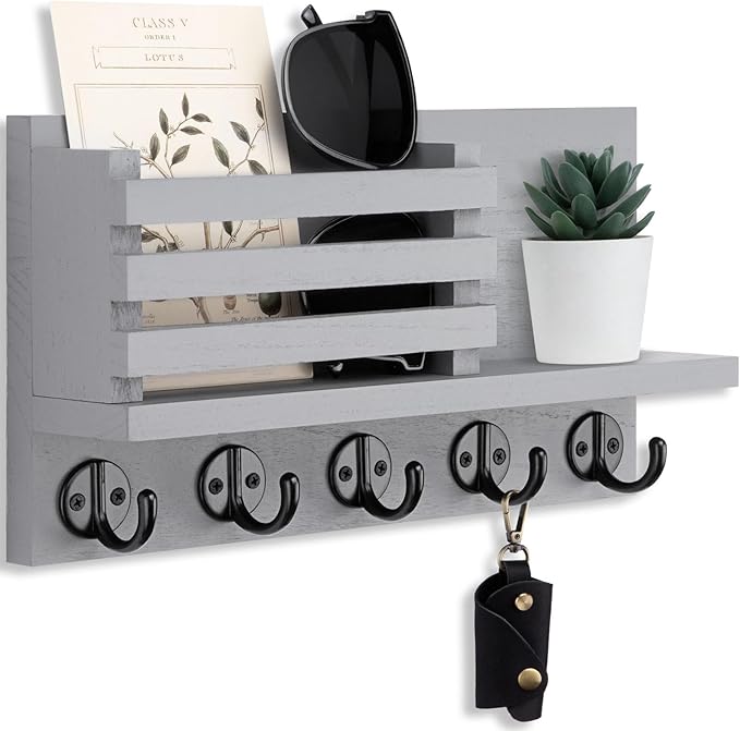 Lwenki Key Holder for Wall – Decorative Wooden Mail Holder and Key Shelf with Mounting Hardware, Installation Guide – Paulownia Wood with Metal Key Hooks (Gray, Large - 11.8inch)