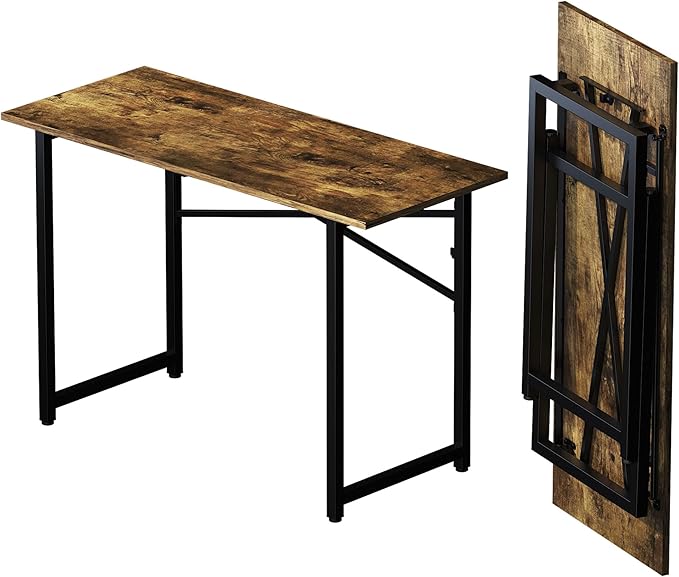 Lutown-Teen 47 inch Folding Computer Desk, Writing Gaming Computer Camping Table, No Assembly Required Home Office Desk, Rustic Brown