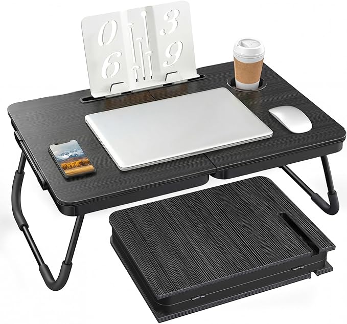 BUYIFY Foldable Laptop Bed Desk for Couch, Sofa - Large Lap Desk Tray Table with Cup Holder and Tablet Slot - Portable Notebook Stand for Eating, Writing, Studying and WFH (Black)-OKS1
