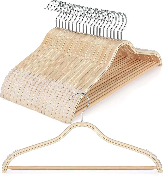 TOPIA HANGER Sleek Wooden Hangers with Non-Slip Rubber Grips, Sweater Hangers No Shoulder Bump, Lightweight Clothes Hangers for Women 20-Pack, 360° Swivel Hook and Pants Bar-CT63N20