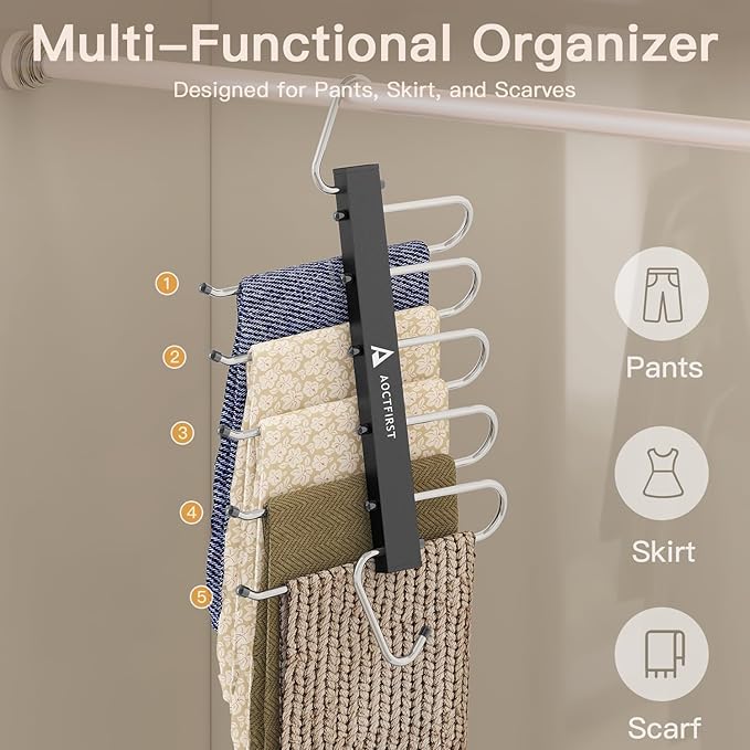 Closet Organizer Hangers Space Saving 6 Pack - 5-Tier Pants Hanger for Jeans, Shorts & Skirts | Vertical Storage Solution | Heavy Duty Black Finish