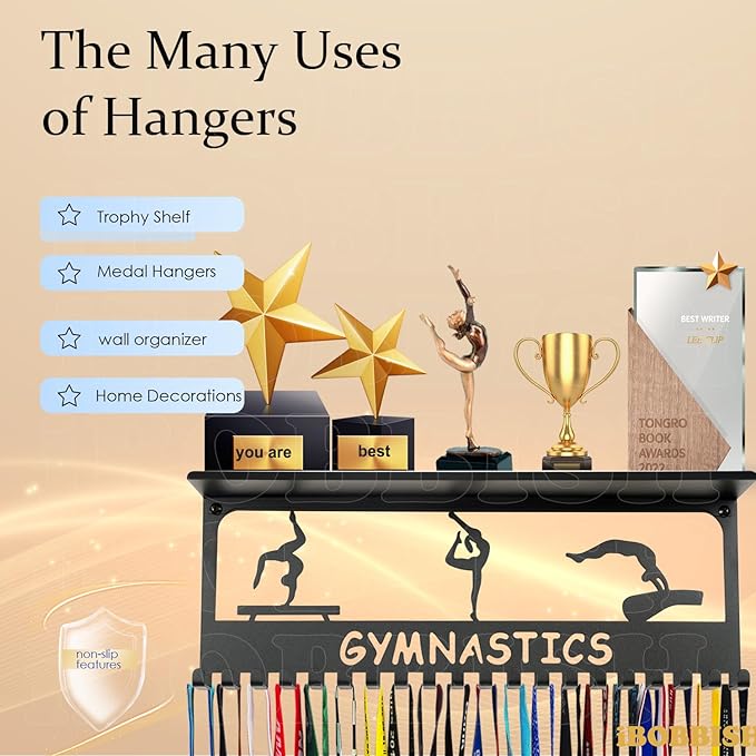 iBobbish Metal Medal Hanger Display,Non-Slip Trophy Shelf with 20 Hooks,Wall Mount,Heavy Duty,Non-Bent,Holds 22-33lbs,for Gymnastics,Race,Soccer,Swim