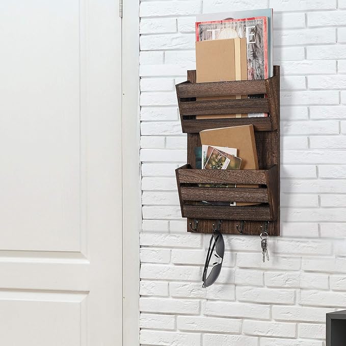 BTY Mail Holder for Wall, Wooden Mail Sorter with 4 Key Hooks, 2 Slot Wall Mounted Mail Sorter Letter Bills Newspaper Magazine Organizer for Entryroom Hallway Office Garage, Rustic Brown