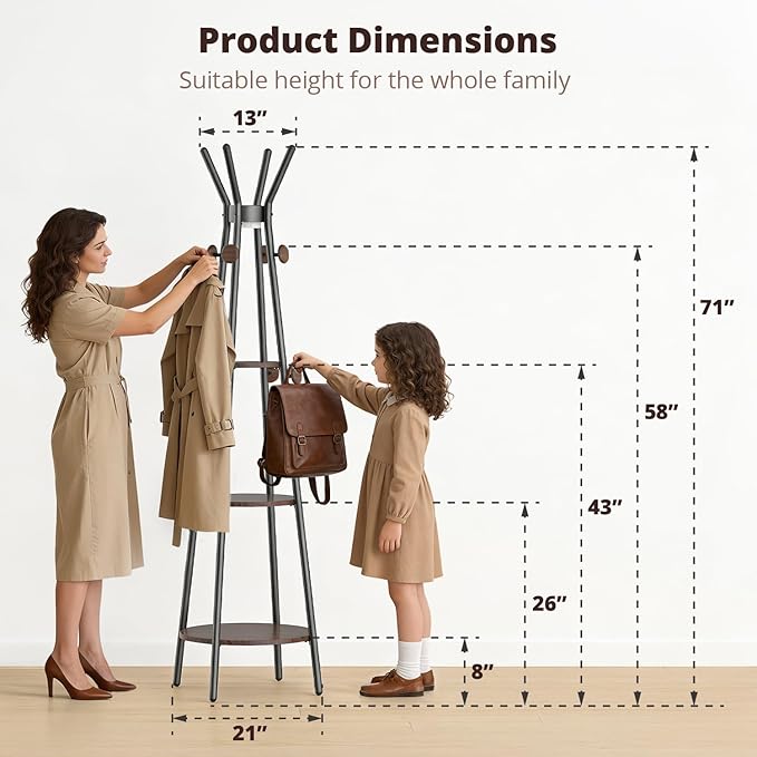 young master Coat Rack, Freestanding Coat Rack with 3 Shelves and 12 Hooks, Coat tree with Motion Sensor Light for Entryway, Livingroom, Hall Tree Free Standing for Coats, Scarves, Handbags, Black