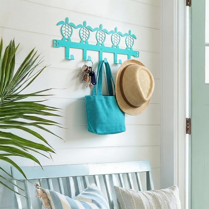 AceOrbit Sea Turtle Over The Door Hooks Teal Metal Beach Theme Coat Hooks Key Holder Nautical Coastal Wall Art for Hanging Towel Hat Clothes Keychain Bags Living Room Bathroom Home Decor
