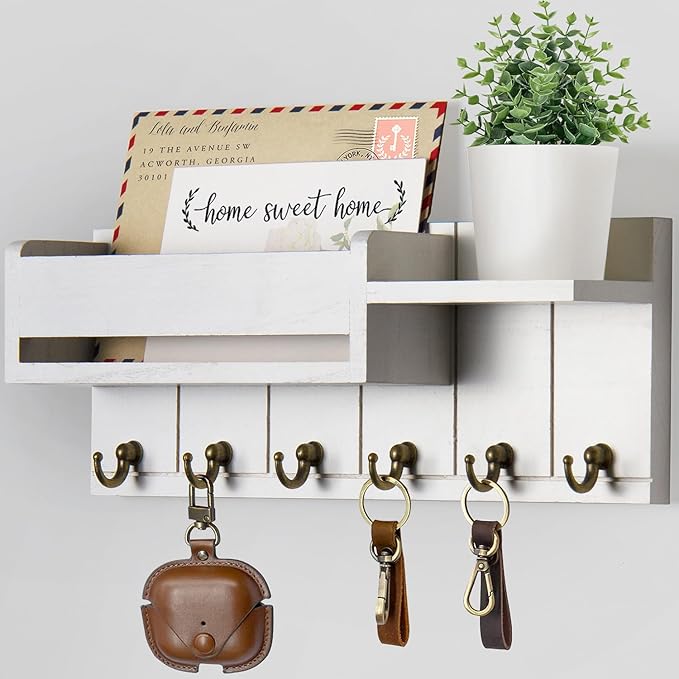 RelaxScene Key Holder Wall Mount - Key Hooks for Wall Decor Living Room - Wooden Key Hanger Rack and Mail Organizer with Shelf for Home Essentials - Modern Entryway House Decor Aesthetic