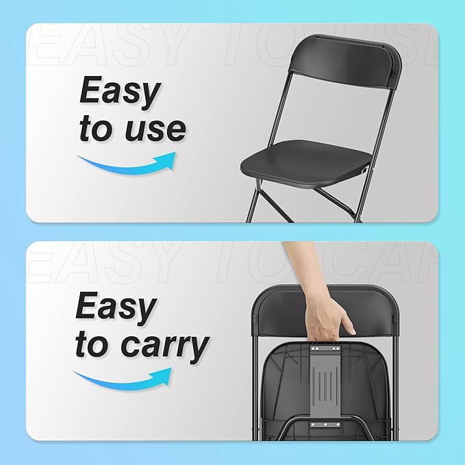 Allpop 4 Pack Plastic Folding Chair, 300lb Capacity, Portable Commercial Chair Seat with Steel Frame for Office Wedding Party Indoor Outdoor Events, Stackable, Black