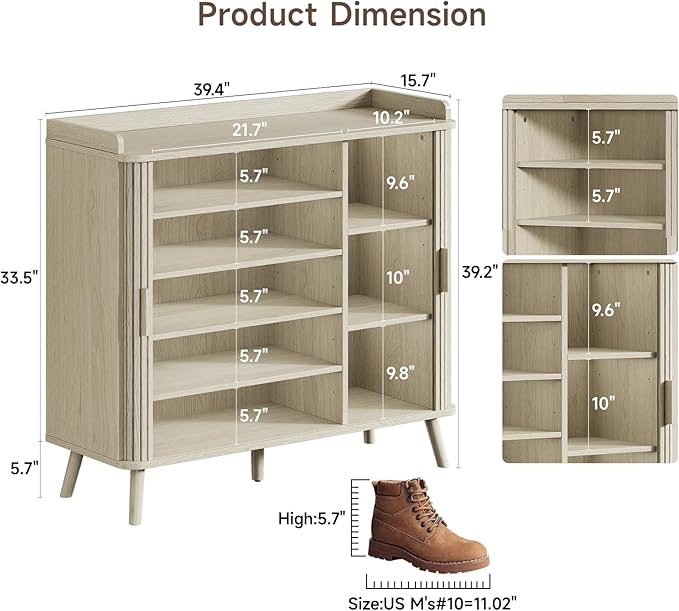 ONBRILL Shoe Cabinet with Sliding Door, 5-Tier Hidden Shoe Rack with Adjustable Shelves, Wooden Shoe Storage Organizer with Open Bottom Space, Freestanding Shoe Shelf for Entryway (Natural White)