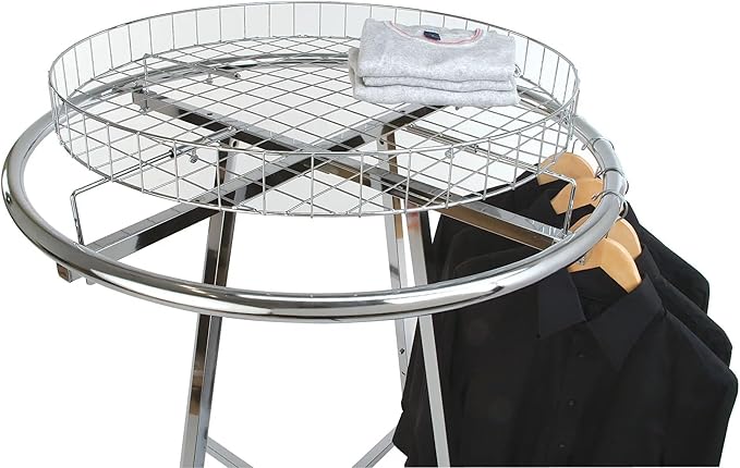 Econoco Folding Round Garment Rack, Adjustable Height Retail Display, Chrome Finish (36" Rack with Grid Top Basket)