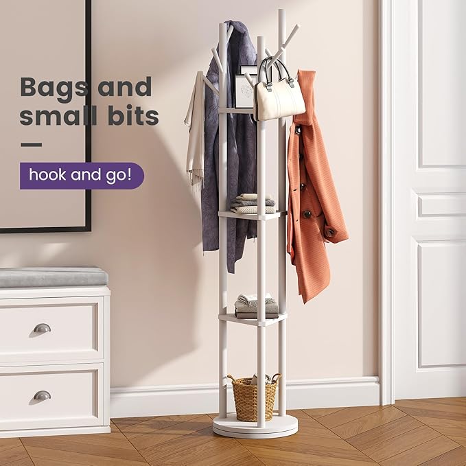 Rotating Coat Rack, Freestanding Coat Rack with 3 Shelves and 9 Hooks Clothes Organizer Coat tree for Bedroom, Entryway, Livingroom (Black)
