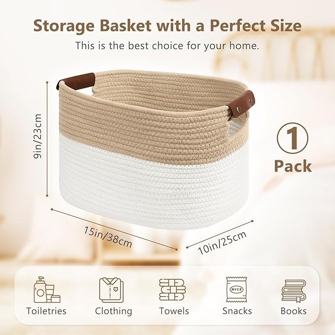 ECDYQXVU Cotton Rope Basket, Storage Baskets with Handle, 15x10x9 Inch Woven Basket for Shelves, Laundry, Towels, Clothes, Books (White/Beige 1Pack)