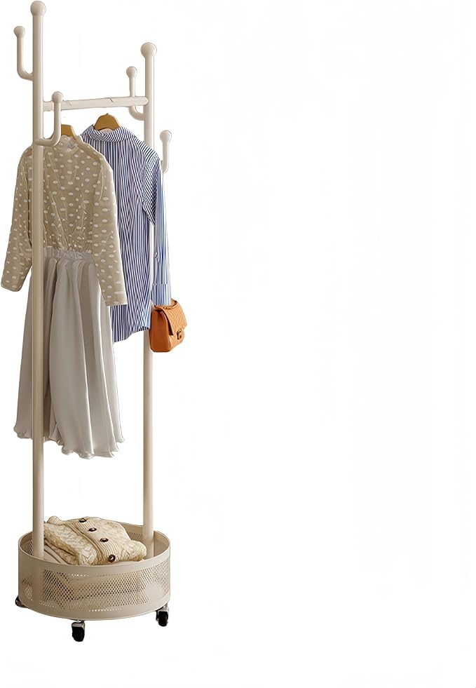 Rolling Coat Rack with Wheels, Freestanding Garment Rack with 6 Hooks & Mesh Storage Basket, Portable Clothing Rack Stand for Entryway, Bedroom, Closet, Cream White(Off-White)