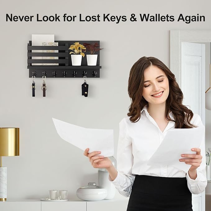 Lwenki Key Holder for Wall – Decorative Wooden Mail Holder and Key Shelf with Mounting Hardware, Installation Guide – Paulownia Wood with Metal Key Hooks (Black, Extra Large - 15.6inch)