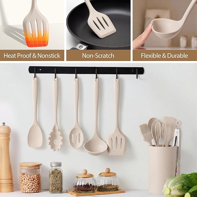 LIANYU 14 Pcs Kitchen Utensils Set with Holder, Silicone Cooking Utensils Spatula Set, Heat Resistant Cookware Tools Includes Spoon Turner Whisk Tong, Dishwasher Safe, Khaki