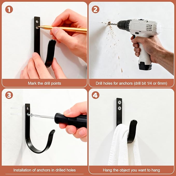 20 PCS Wall Hooks Heavy Duty - Large 22LB Metal Coat Hooks Wall Mount - Towel Hooks for Bathroom Door Closet Mudroom - Rustproof - Black