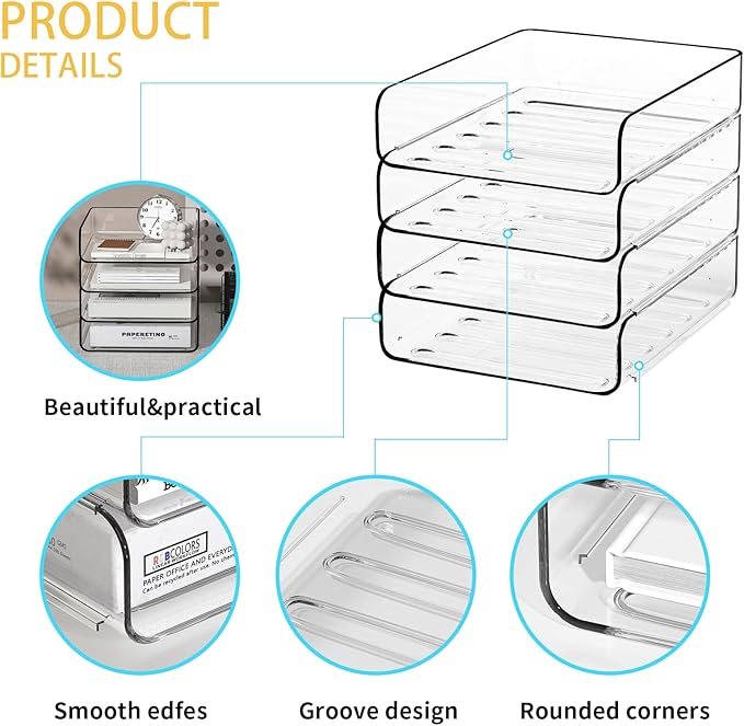 FANXIYQ 4-Tier Acrylic Paper Tray Organizer | Clear Stackable Desk Organizer for Documents, Letters, A4 Paper | Modern Office/Classroom/Home Organization