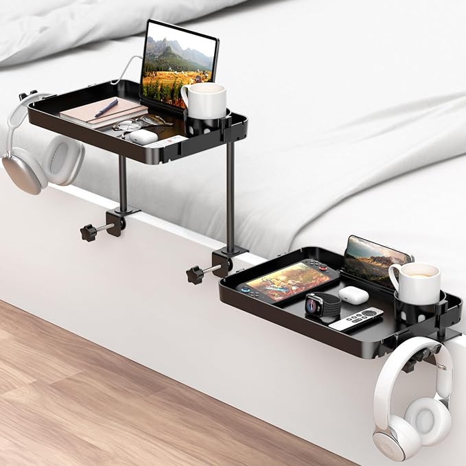 Bedside Shelf Bunk Bed Shelf for Top Bunk Clip on Bedside Table Tray Loft Nightstand Attachable Bedside Table Cup Holder Headboard Organizer Attachment 2 Height College Dorm Room Bed Accessories Black