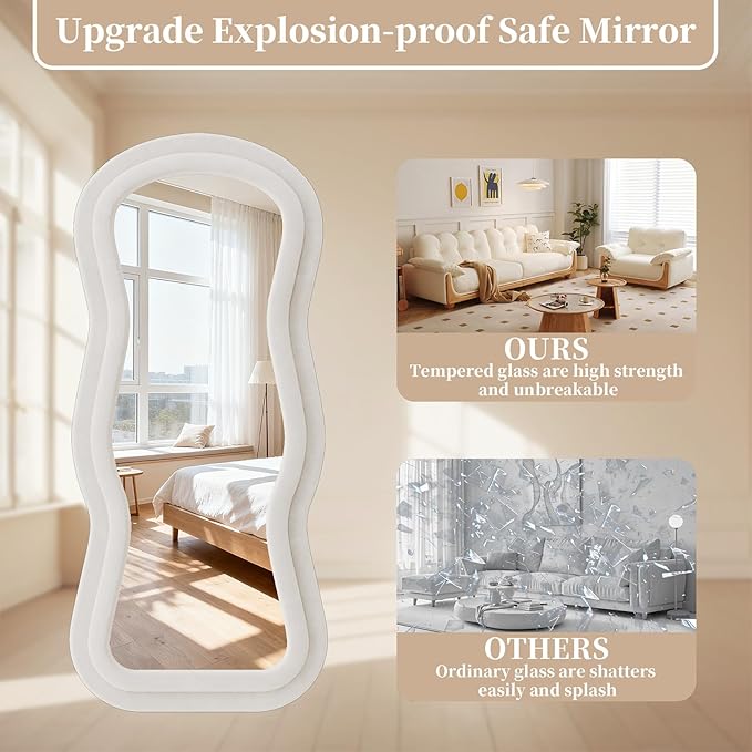 Wavy Full Length Mirror, 63"x24" Full Body Mirrors with Stand, Flannel Floor Mirrors for Bedroom, Living Room, Dressing Room, Hanging Leaning Wall Mirror