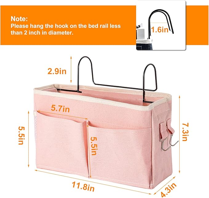 Surblue Bedside Caddy Bedside Storage Bag Hanging Organizer for Bunk, Hospital Beds, Dorm Rooms Bed Rails Camp 4 Pockets and 2 Hooks (Pink)