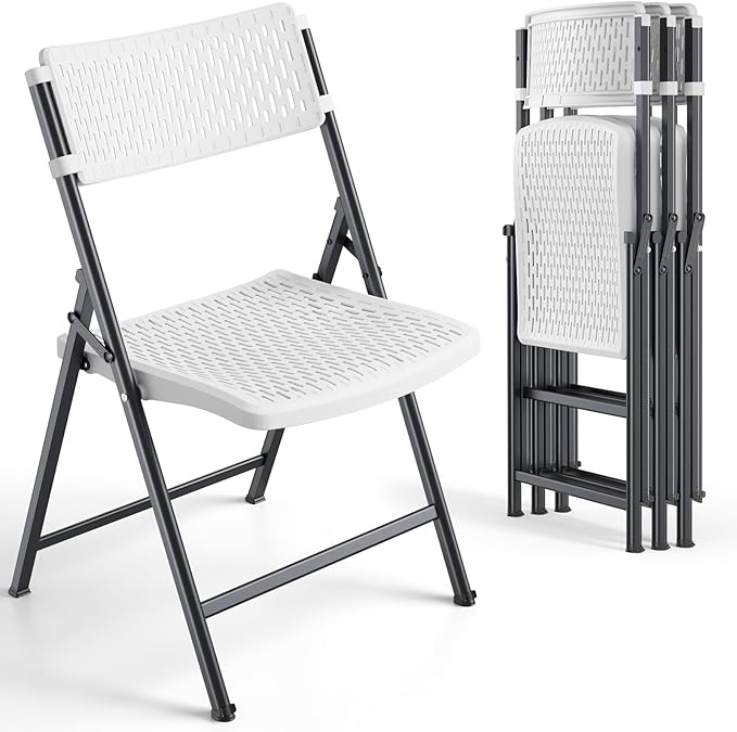 White Folding Chairs 4-Pack, Mesh Injection Molded Plastic with Metal Frame & Non-Slip Pads, 400 lbs Capacity, Foldable for Indoor/Outdoor Wedding Garden Patio Events & Card Tables, Easy-Clean